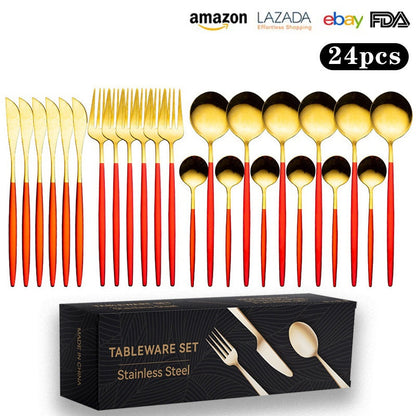 Cutlery Set Stainless Steel Knife Fork Set 24-Piece Tableware Set Golden Steak Knife Fork Spoon 6-Person Set