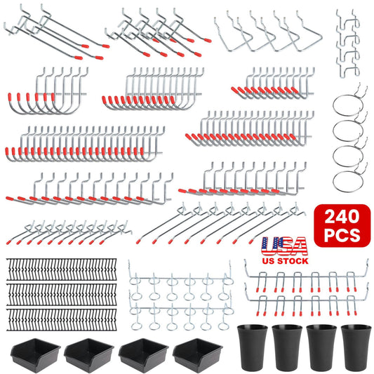 240Pcs Pegboard Hooks Assortment Garage Pegboard Accessories Organizer Kit 1/8 and 1/4 inch Peg Board Hooks for Organizing Various Tools
