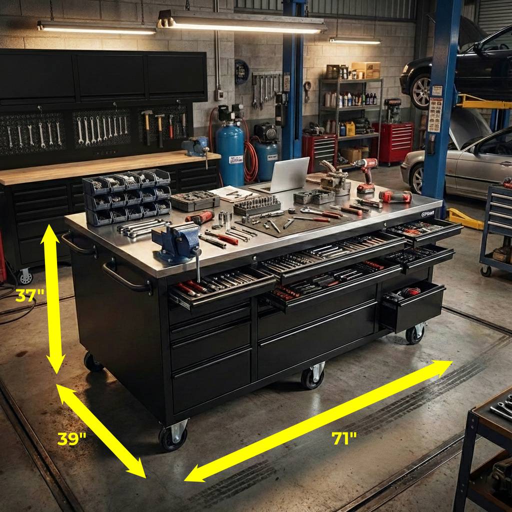Large Steel 71x39" Garage Island Workbench – Stainless Steel Top