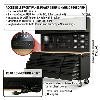 Overhead Pro 72" Rolling Tool Chest | 79" Tall | 24" Deep | 14 Drawers | Overheads | Pegboard & Power Strip