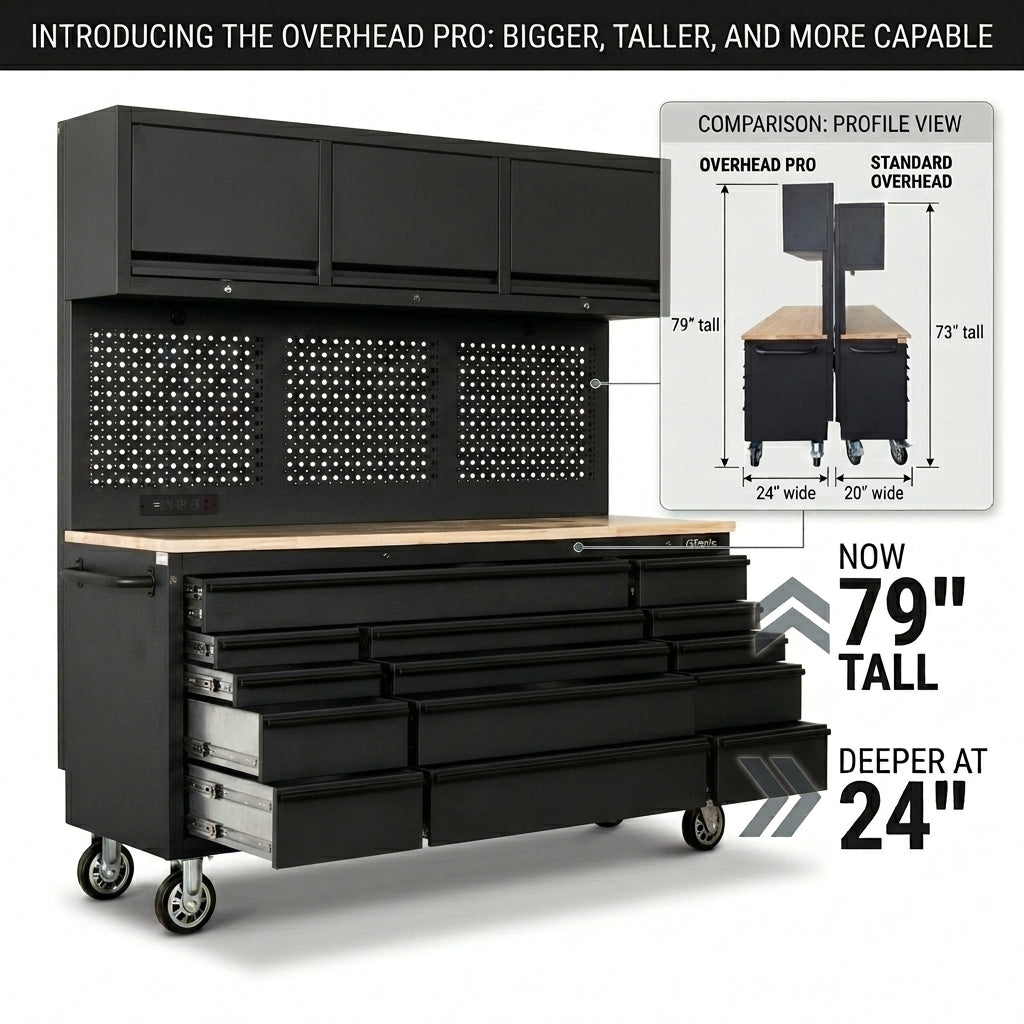 Overhead Pro 72" Rolling Tool Chest | 79" Tall | 24" Deep | 14 Drawers | Overheads | Pegboard & Power Strip