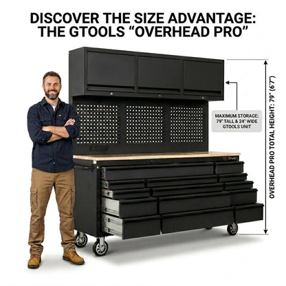 Overhead Pro 72" Rolling Tool Chest | 79" Tall | 24" Deep | 14 Drawers | Overheads | Pegboard & Power Strip