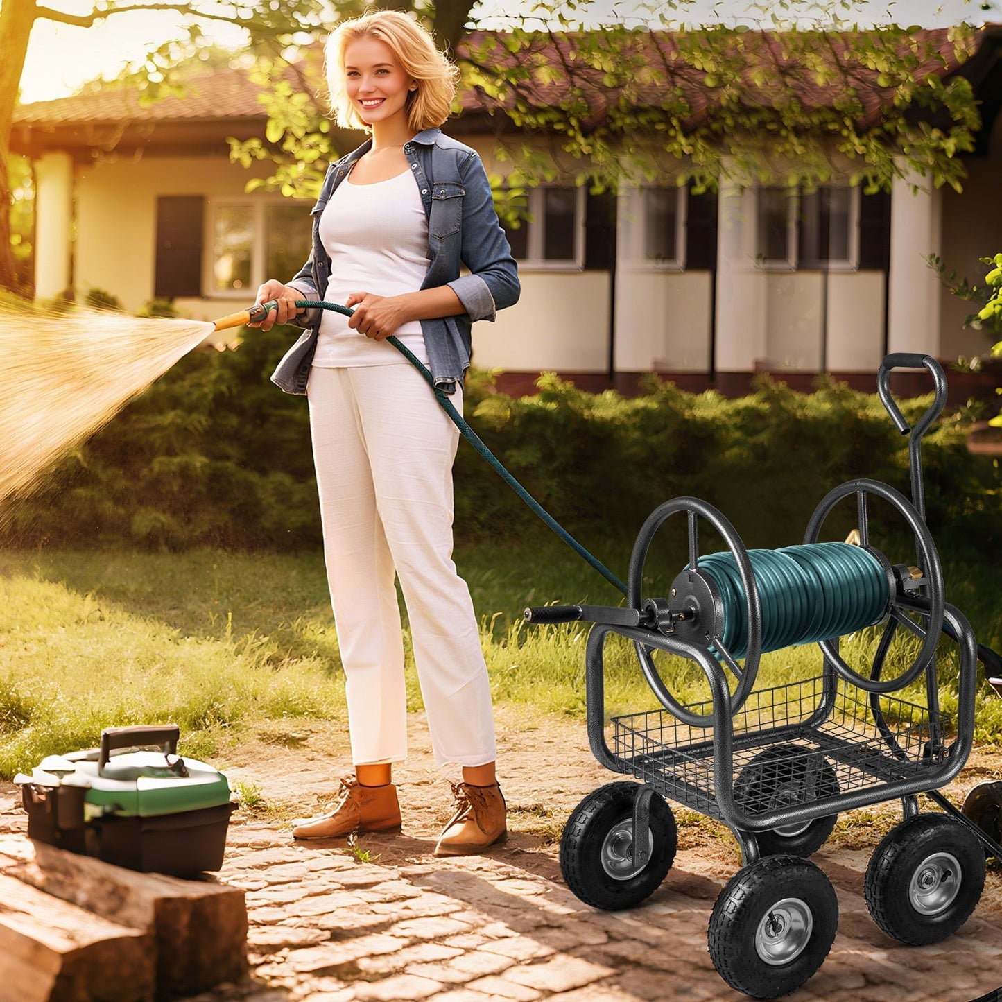 Garden Hose Reel Cart 300 Feet Large Capacity with 4 Wheels and Storage Basket-Gray