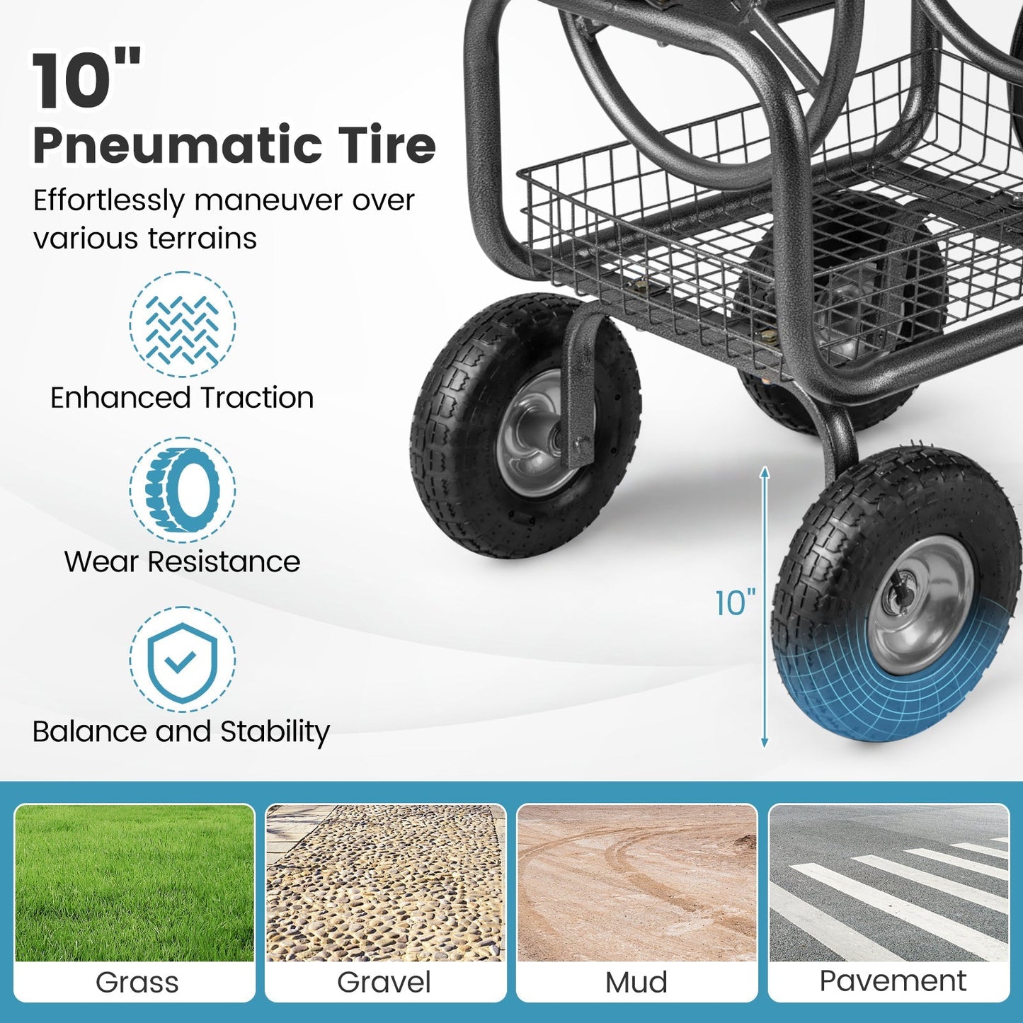 Garden Hose Reel Cart 300 Feet Large Capacity with 4 Wheels and Storage Basket-Gray