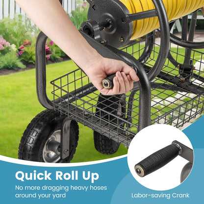 Garden Hose Reel Cart 300 Feet Large Capacity with 4 Wheels and Storage Basket-Gray