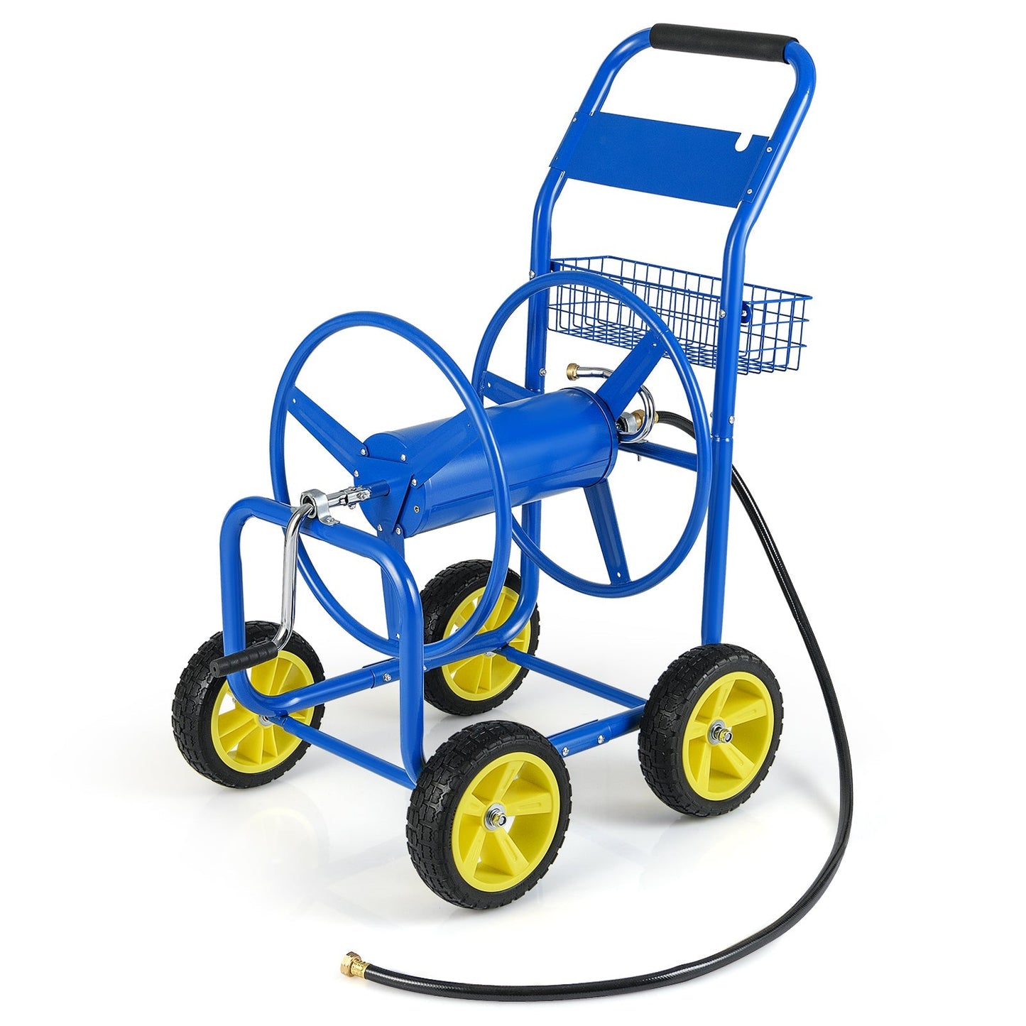 Garden Hose Reel Cart Metal Hose Cart with 4 Wheels and Storage Basket