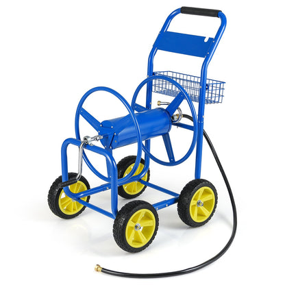 Garden Hose Reel Cart Metal Hose Cart with 4 Wheels and Storage Basket