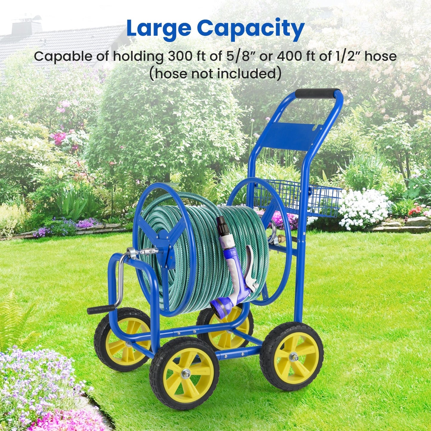 Garden Hose Reel Cart Metal Hose Cart with 4 Wheels and Storage Basket