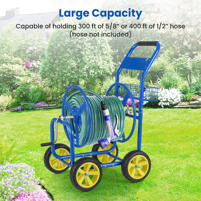 Garden Hose Reel Cart Metal Hose Cart with 4 Wheels and Storage Basket