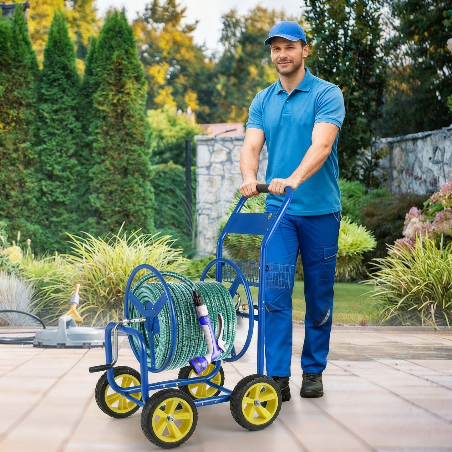 Garden Hose Reel Cart Metal Hose Cart with 4 Wheels and Storage Basket
