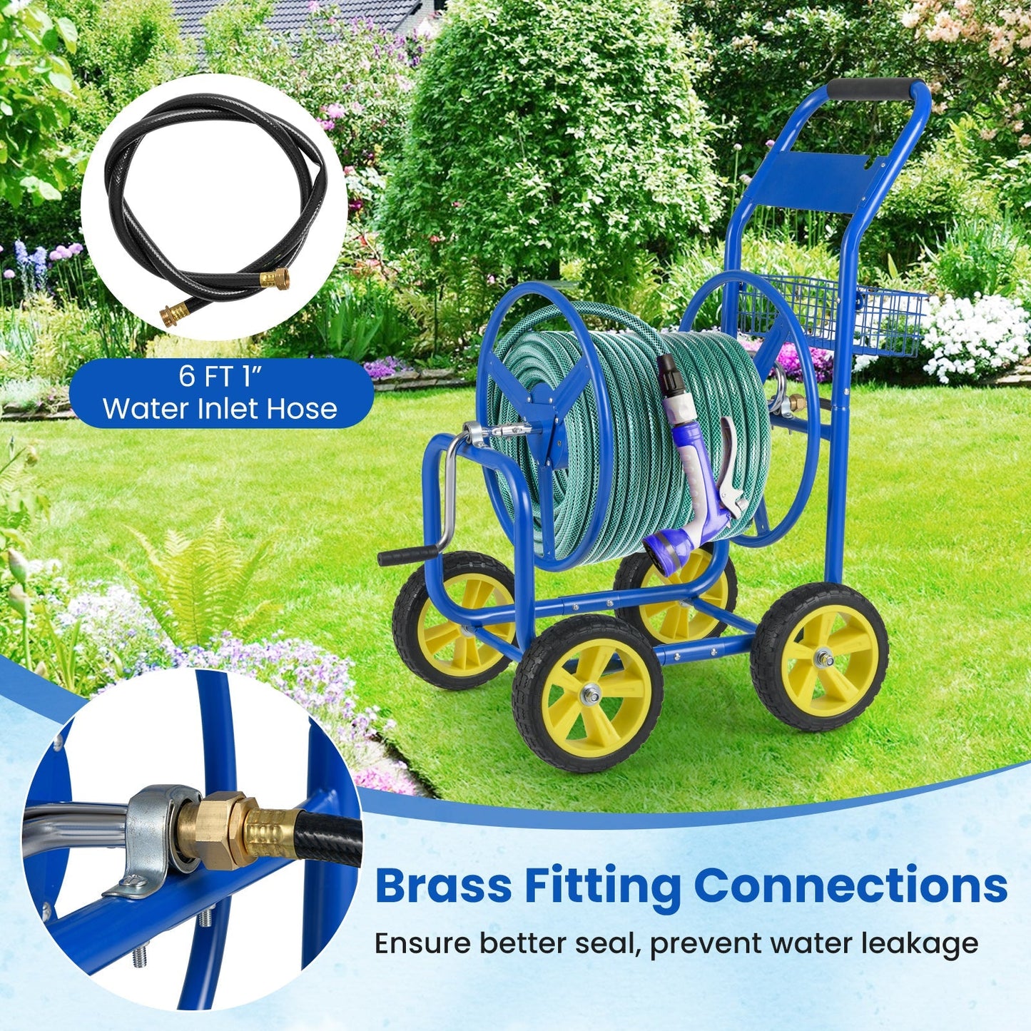 Garden Hose Reel Cart Metal Hose Cart with 4 Wheels and Storage Basket