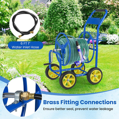 Garden Hose Reel Cart Metal Hose Cart with 4 Wheels and Storage Basket