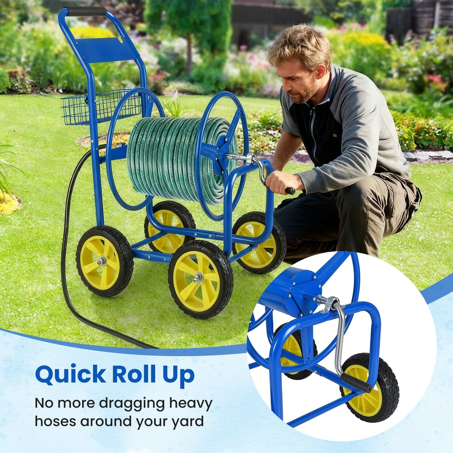 Garden Hose Reel Cart Metal Hose Cart with 4 Wheels and Storage Basket