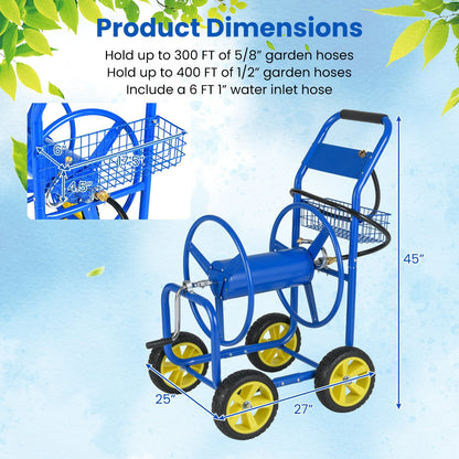 Garden Hose Reel Cart Metal Hose Cart with 4 Wheels and Storage Basket