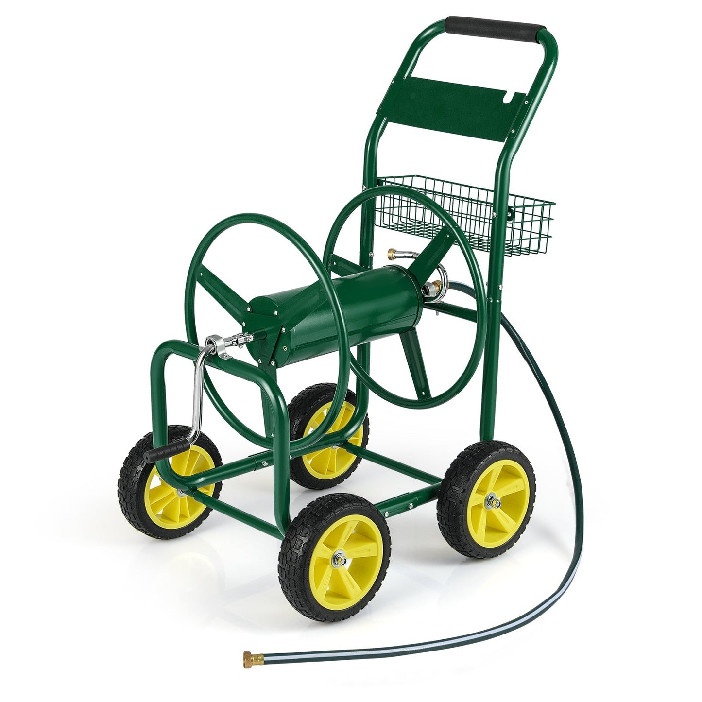 Garden Hose Reel Cart Metal Hose Cart with 4 Wheels and Storage Basket