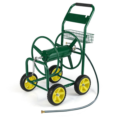 Garden Hose Reel Cart Metal Hose Cart with 4 Wheels and Storage Basket