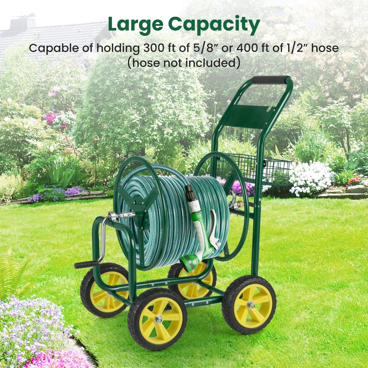 Garden Hose Reel Cart Metal Hose Cart with 4 Wheels and Storage Basket