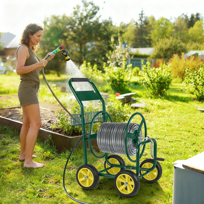 Garden Hose Reel Cart Metal Hose Cart with 4 Wheels and Storage Basket