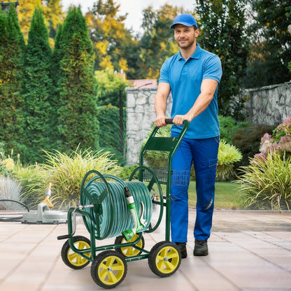 Garden Hose Reel Cart Metal Hose Cart with 4 Wheels and Storage Basket