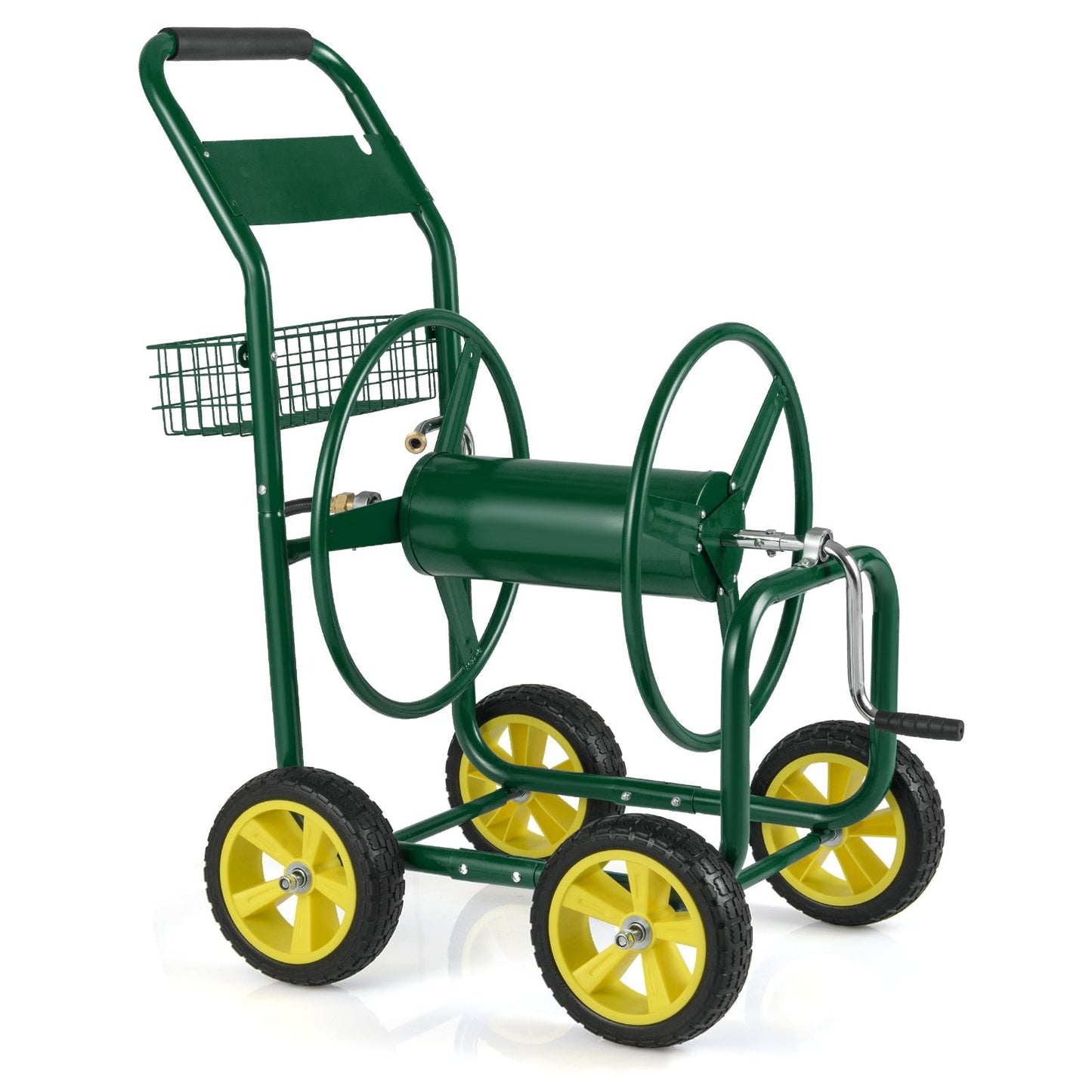 Garden Hose Reel Cart Metal Hose Cart with 4 Wheels and Storage Basket