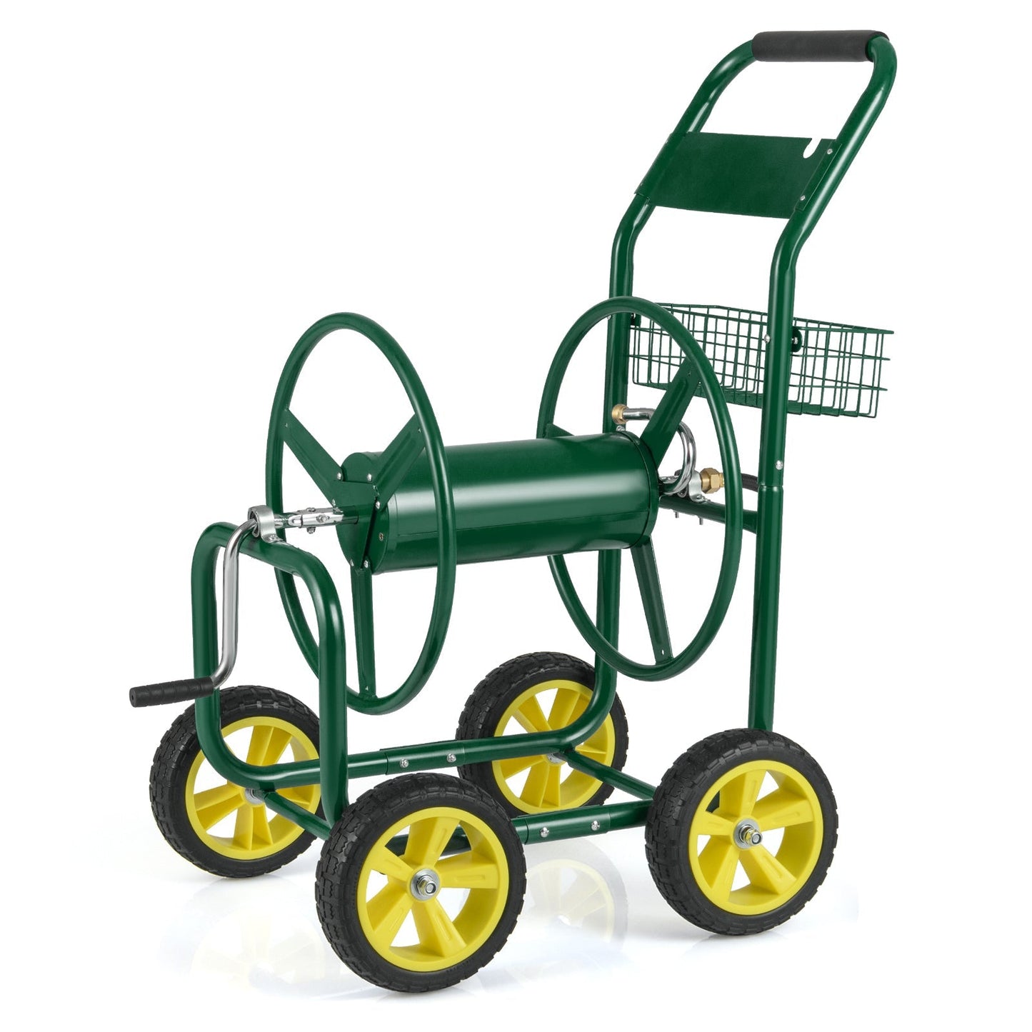 Garden Hose Reel Cart Metal Hose Cart with 4 Wheels and Storage Basket