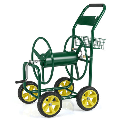 Garden Hose Reel Cart Metal Hose Cart with 4 Wheels and Storage Basket