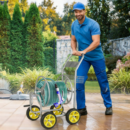 Garden Hose Reel Cart Metal Hose Cart with 4 Wheels and Storage Basket
