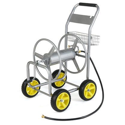 Garden Hose Reel Cart Metal Hose Cart with 4 Wheels and Storage Basket