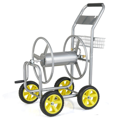 Garden Hose Reel Cart Metal Hose Cart with 4 Wheels and Storage Basket