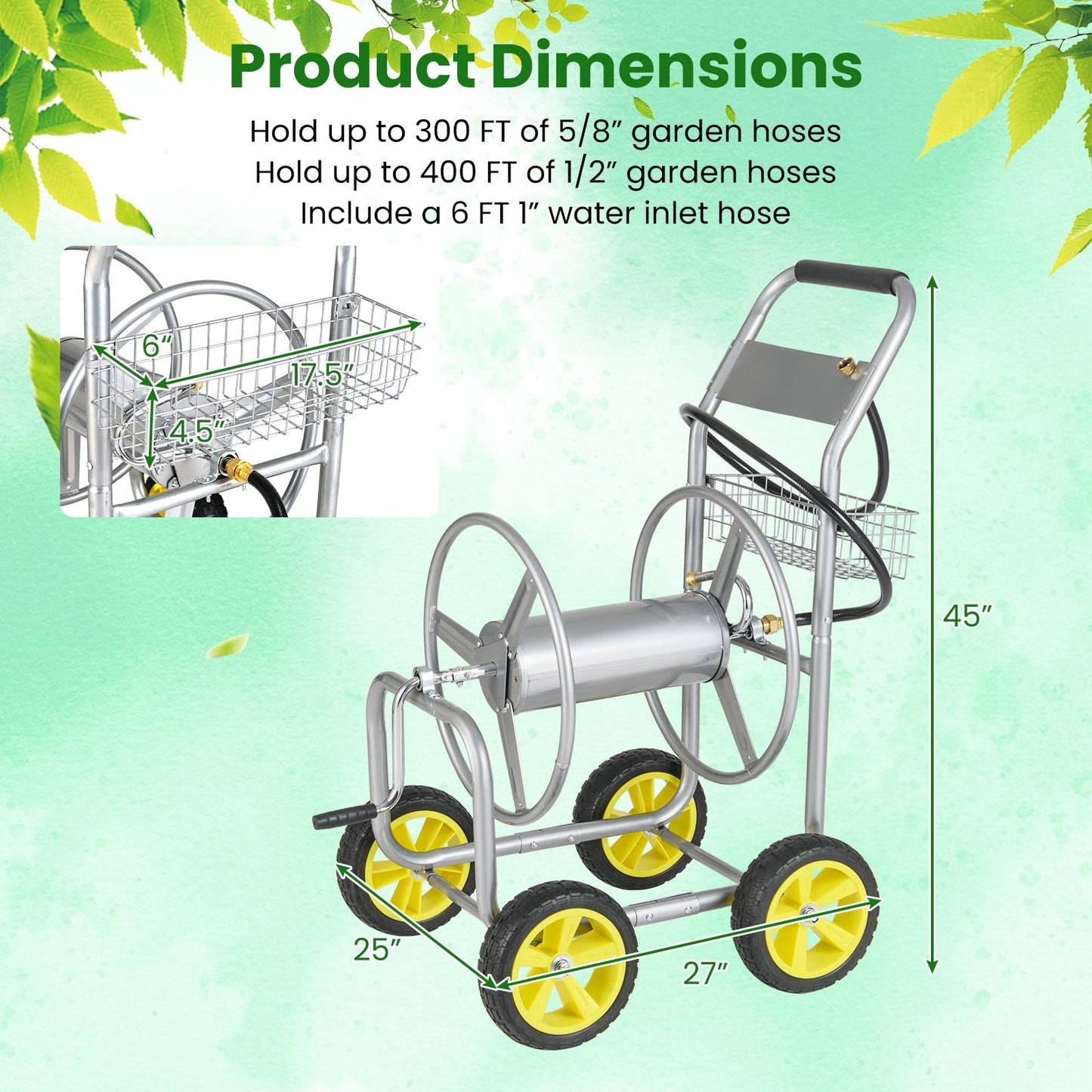 Garden Hose Reel Cart Metal Hose Cart with 4 Wheels and Storage Basket