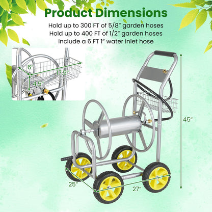 Garden Hose Reel Cart Metal Hose Cart with 4 Wheels and Storage Basket