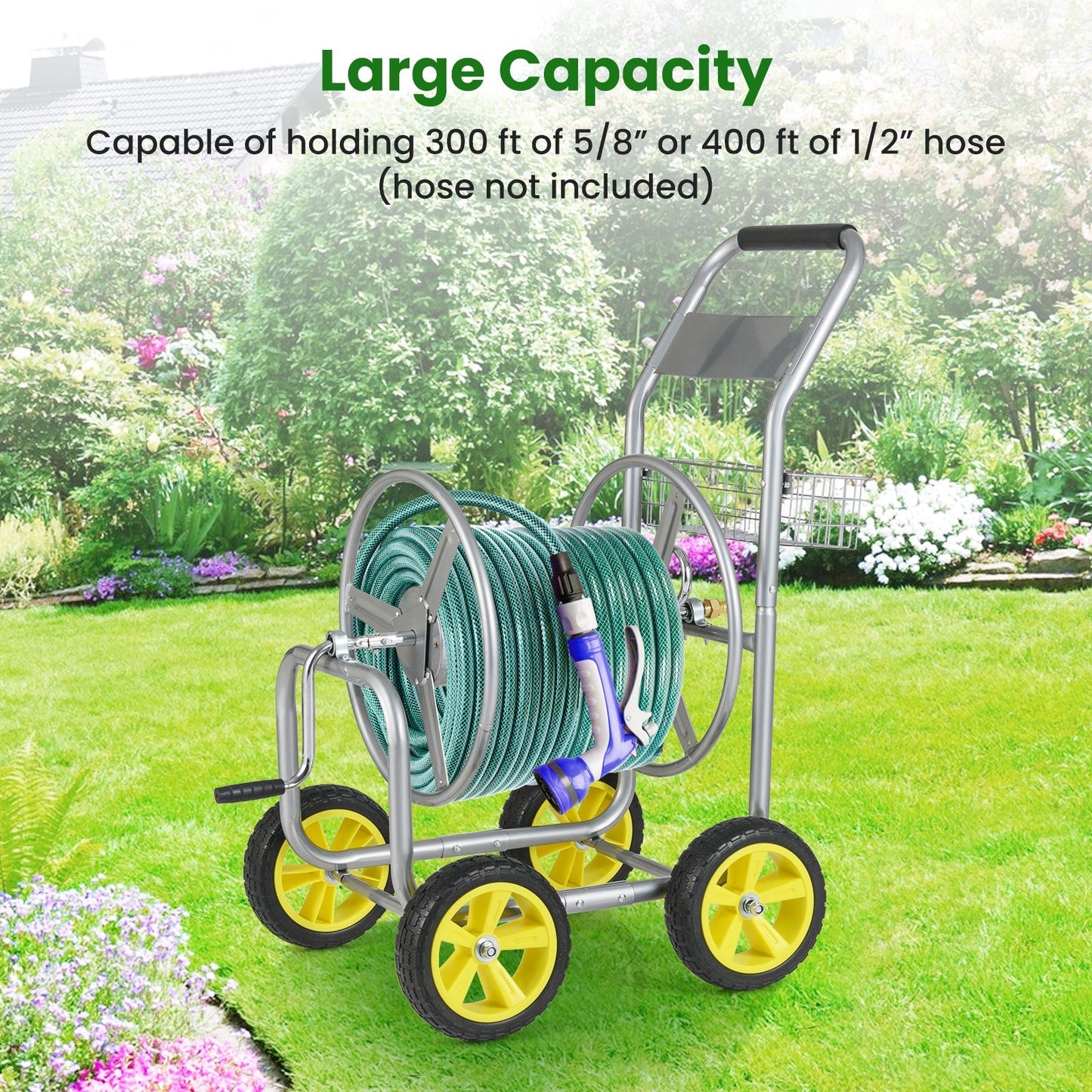 Garden Hose Reel Cart Metal Hose Cart with 4 Wheels and Storage Basket