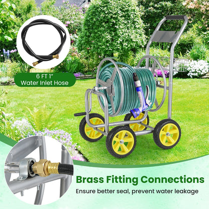 Garden Hose Reel Cart Metal Hose Cart with 4 Wheels and Storage Basket