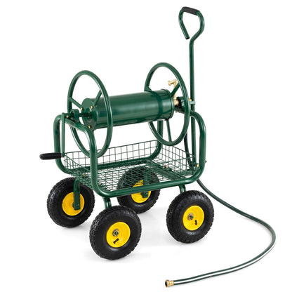 Garden Hose Reel Cart 300 Feet Large Capacity with 4 Wheels and Storage Basket-Gray