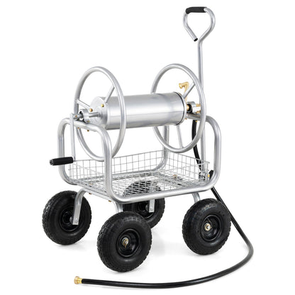 Garden Hose Reel Cart 300 Feet Large Capacity with 4 Wheels and Storage Basket-Gray