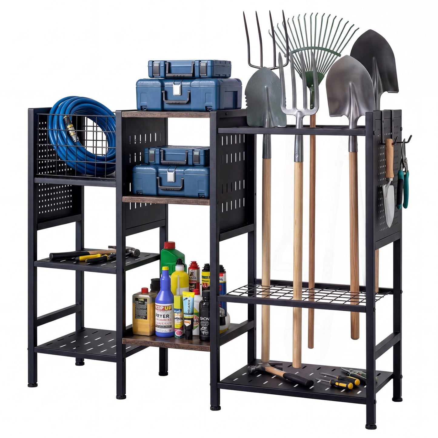 Garden Tool Organizer with Wooden Shelves for Garage and Shed