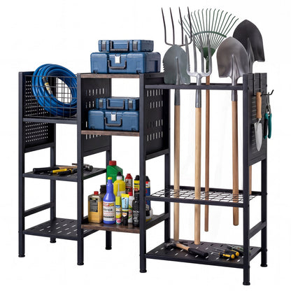 Garden Tool Organizer with Wooden Shelves for Garage and Shed