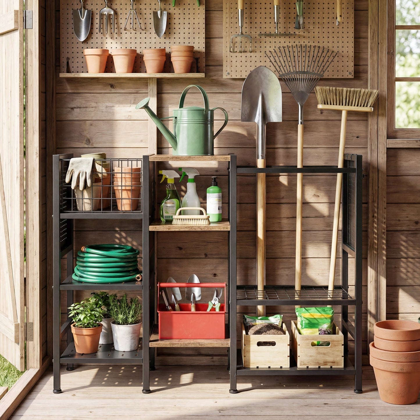 Garden Tool Organizer with Wooden Shelves for Garage and Shed