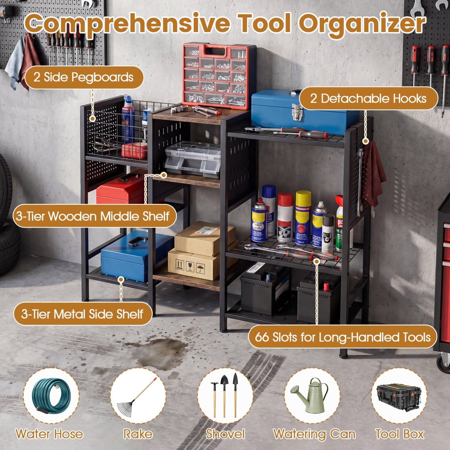 Garden Tool Organizer with Wooden Shelves for Garage and Shed