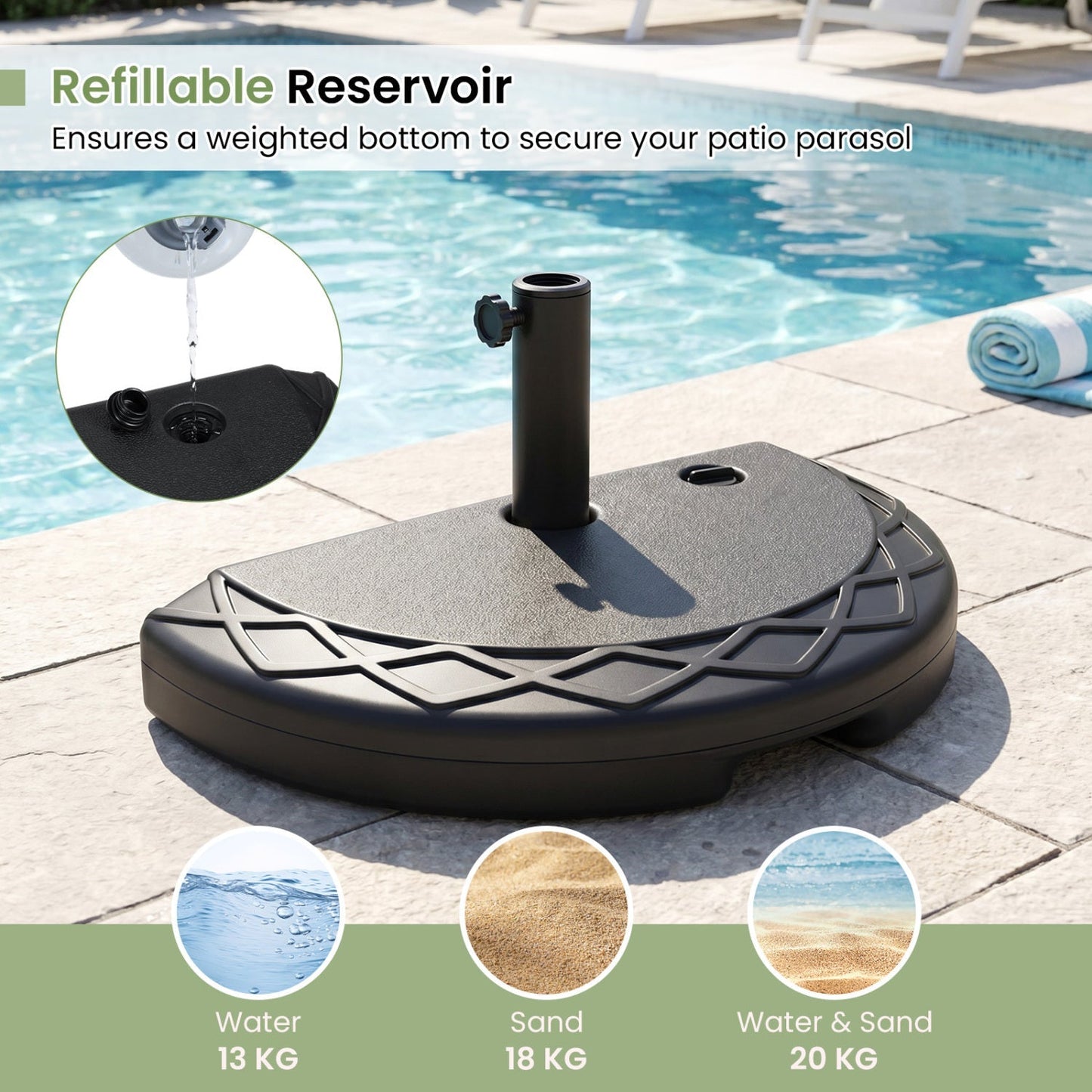 Half Round Patio Umbrella Base 44 lbs Water and Sand Fillable