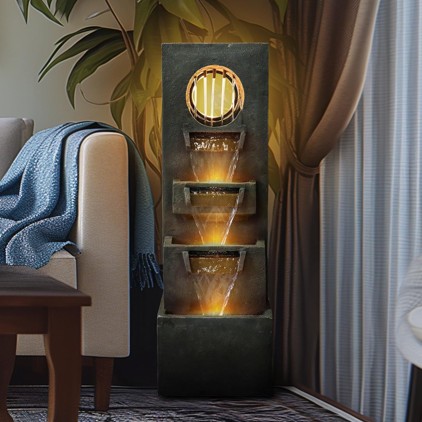 Resin Moon Gate Outdoor Water Fountain 39 Inch Warm LED