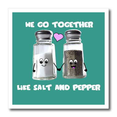 3dRose InspirationzStore Cute Food - We go Together Like Salt and Pepper - Cute Smiling Cartoon Condiments shakers in Love - Turquoise - Iron on Heat Transfers (ht_58327)