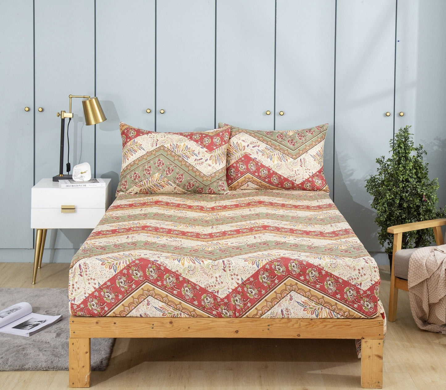 DaDa Bedding Cranberry Sage Floral Fitted Sheet Set