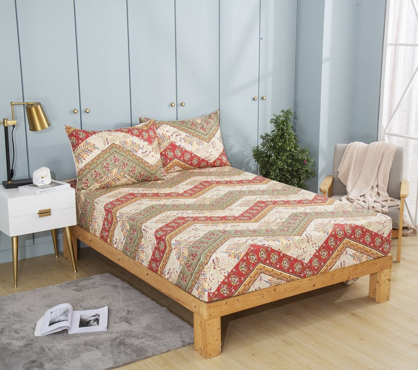 DaDa Bedding Cranberry Sage Floral Fitted Sheet Set