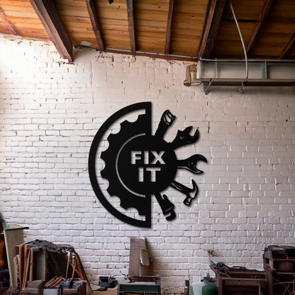 Fix It Tools Metal Wall Art – Industrial Gear & Hand Tools Silhouette Black Steel Decor for Garage or Workshop- KAF419