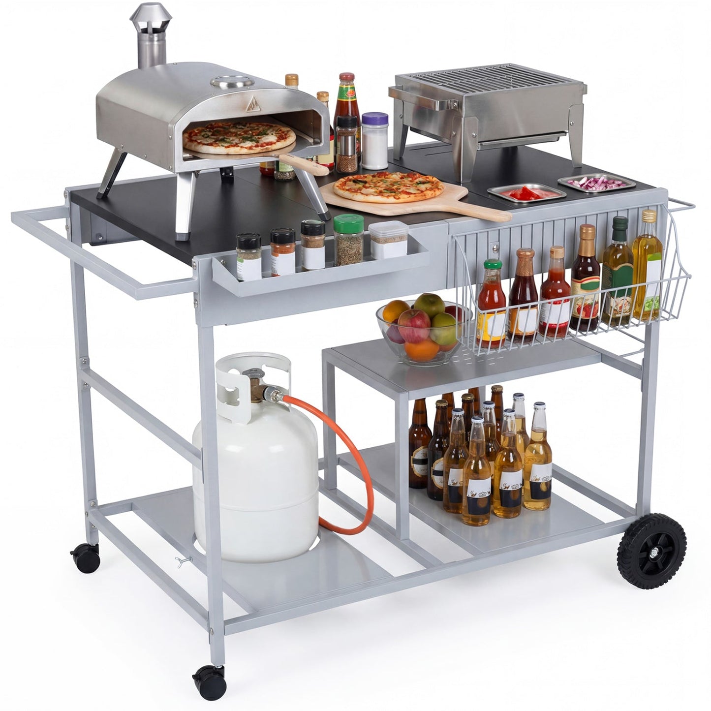 Movable Grill Table with 2 Spice Containers and Station for Backyard and BBQ