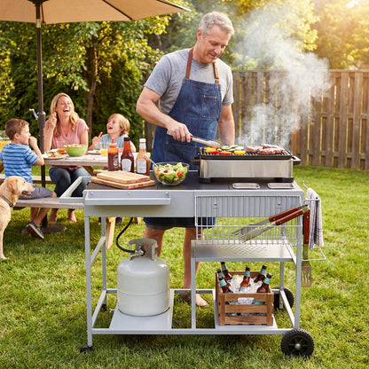 Movable Grill Table with 2 Spice Containers and Station for Backyard and BBQ
