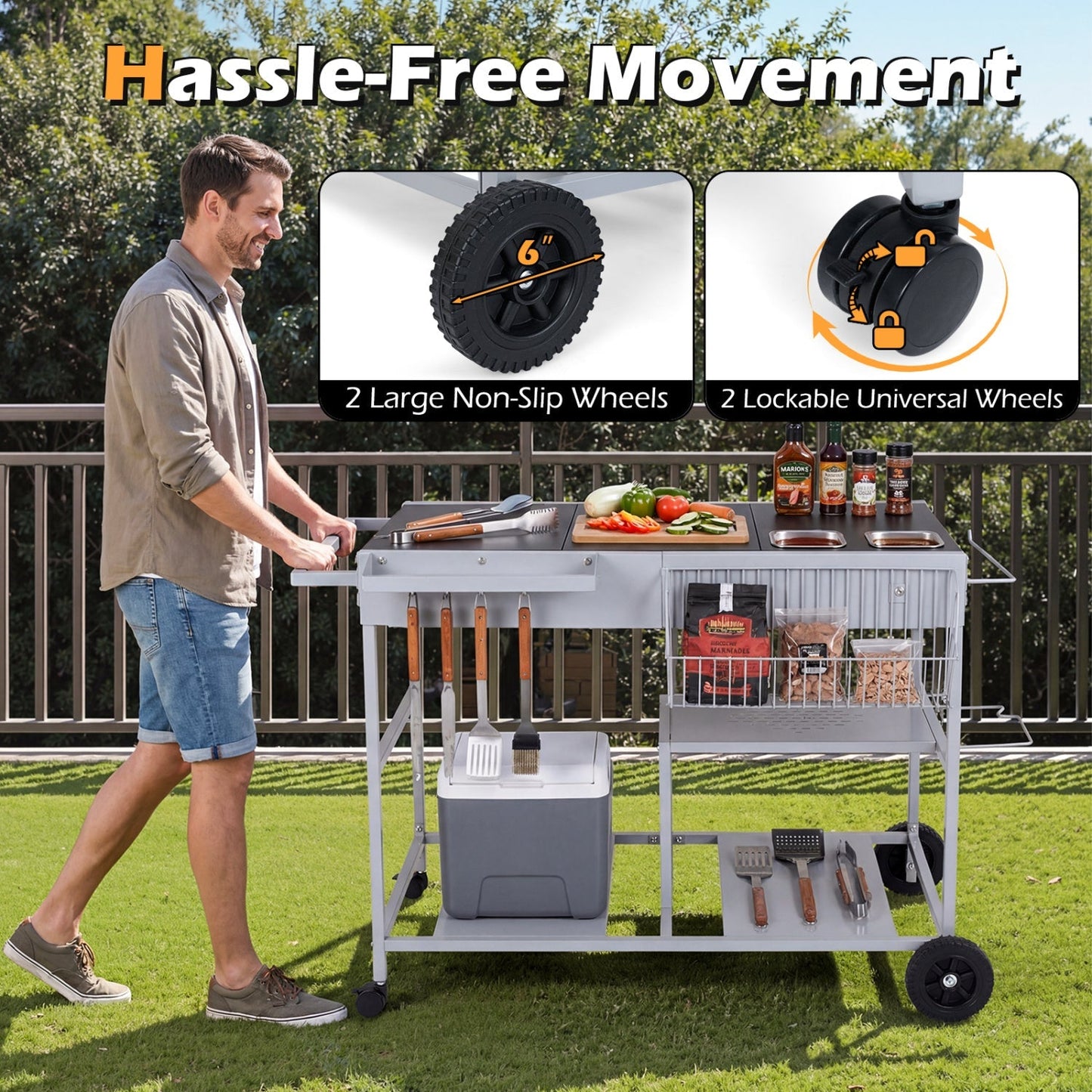 Movable Grill Table with 2 Spice Containers and Station for Backyard and BBQ