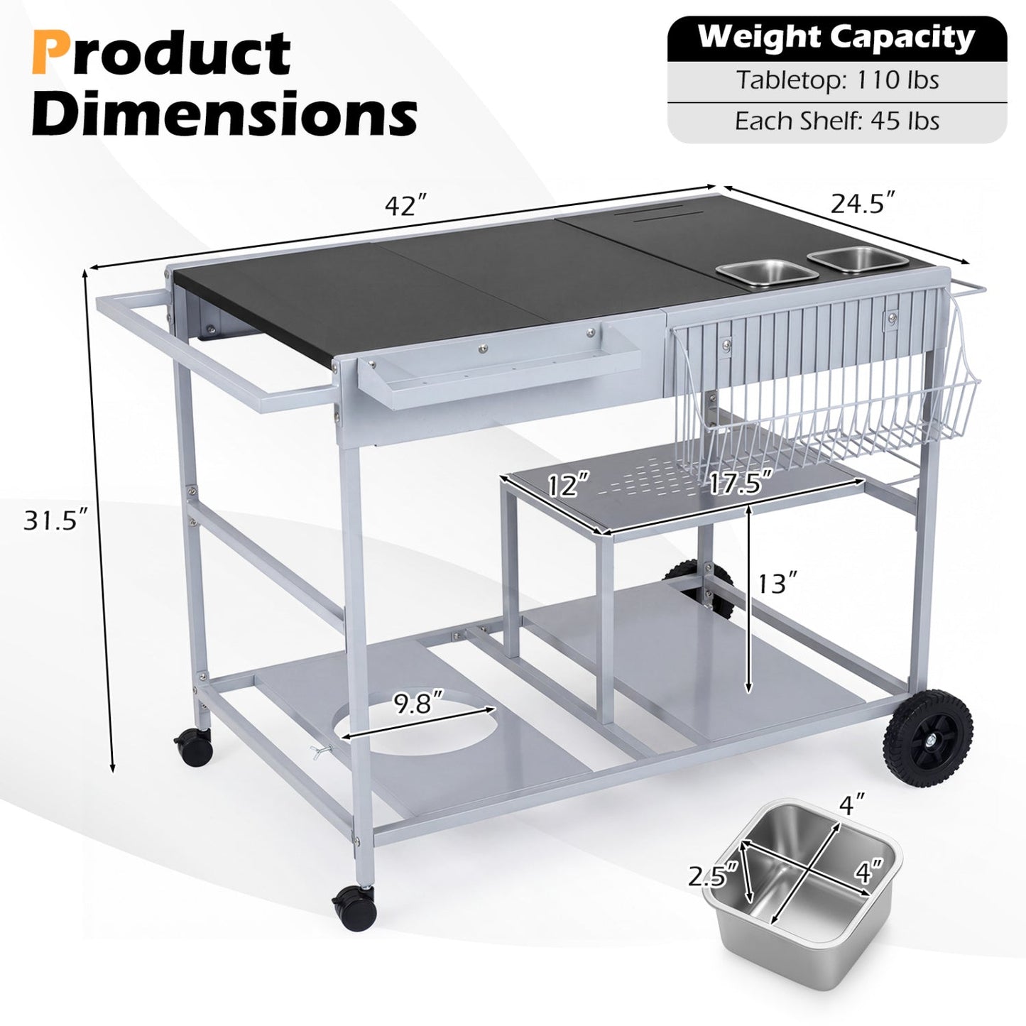 Movable Grill Table with 2 Spice Containers and Station for Backyard and BBQ