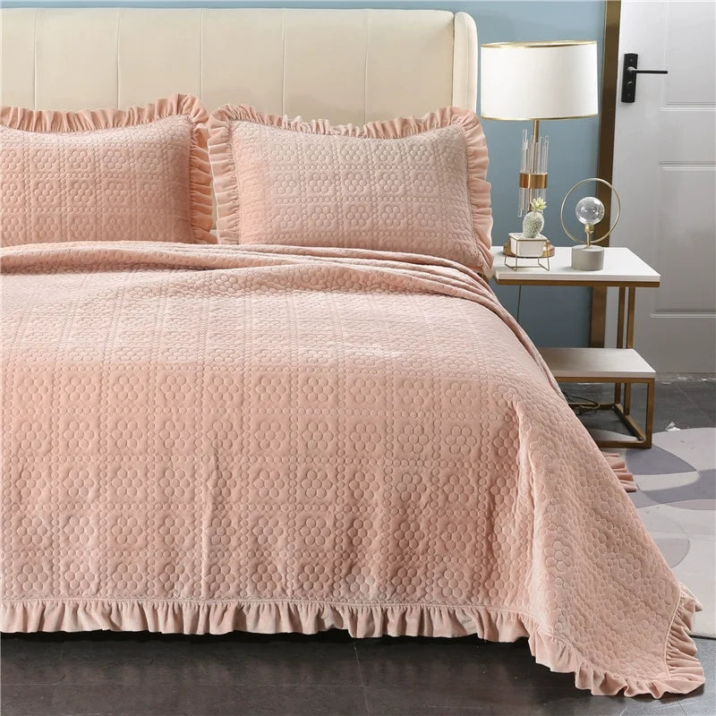 Export High-Grade Flannel Three-Piece Bed Cover Set Milk Fiber European Quilted Quilted Bed Sheet One Side Velvet One Side Pure Cotton